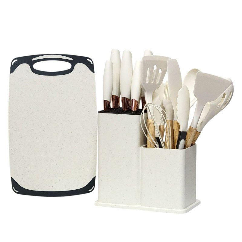 JUEGO DE CUCHILLOS DE COCINA, UTENSILIOS DE COCINA, CUCHARAS DE 18 PIEZAS, DE SILICONA CON SOPORTE DE PLASTICO, AGARRE COMODO, LIGUERO Y PRACTICO, AFILADO Y DURADERO 3 COLORES KITCHENWARE