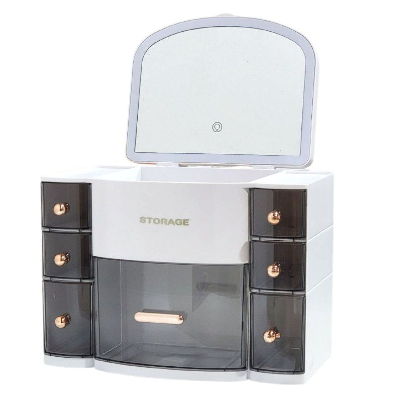 ORGANIZADOR ESTANTE DE COSMETICOS, MAQUILLAJE CON 8 COMPARTIMIENTOS, ESPEJO CON LUZ LED 3 MODOS DE INTENSIDAD, COLOR BLANCO STORAGE