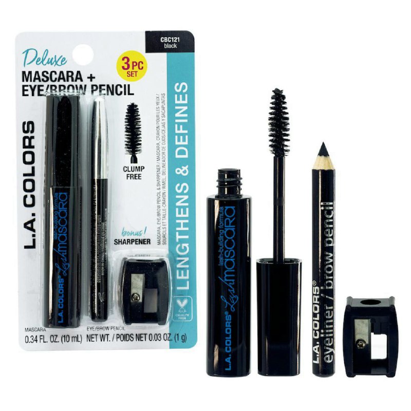 MASCARA PARA PESTAÑAS 10ML, LAPIZ DE OJOS Y CEJAS 1G Y SACAPUNTAS EN SET ORIGINAL LA COLORS