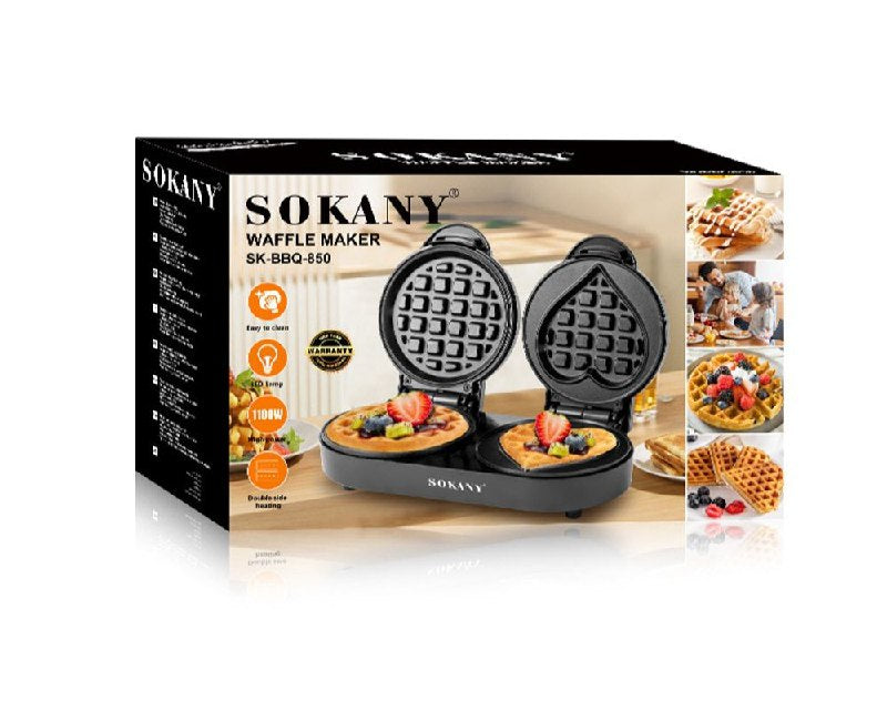 MAQUINA WAFFLERA DOBLE DIFERENTE DISEÑO SK-BBQ-850, 1100W SOKANY