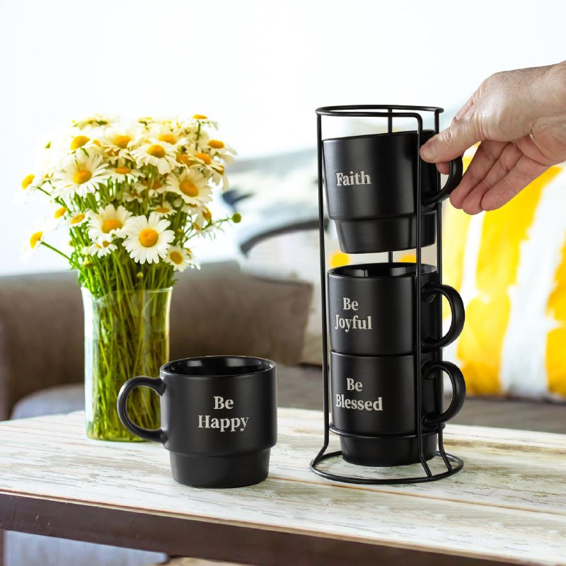 JUEGO DE TAZAS DE CAFE APILABLES DE CERAMICA CON ESTANTE DE METAL SINGATURE HOUSEWARES INCORPORATED