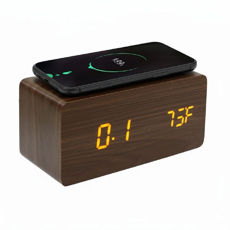 RELOJ DESPERTADOR DIGITAL TIPO MADERA CON FUNCION DE CARA INALAMBRICA Y TEMPERATURA USB, 4 ESTILOS