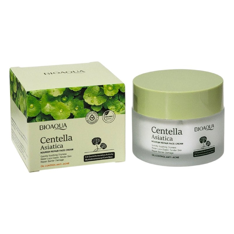 CREMA FACIAL REPARADORA DE CENTELLA ASIATICA CON TEXTURA LIGERA, REPARA Y REDUCE LA SENSIBILIDAD EN LA PIEL, RESTAURA LA ELASTICIDAD, SUAVIDAD Y BRILLO BIOAQUA 50G