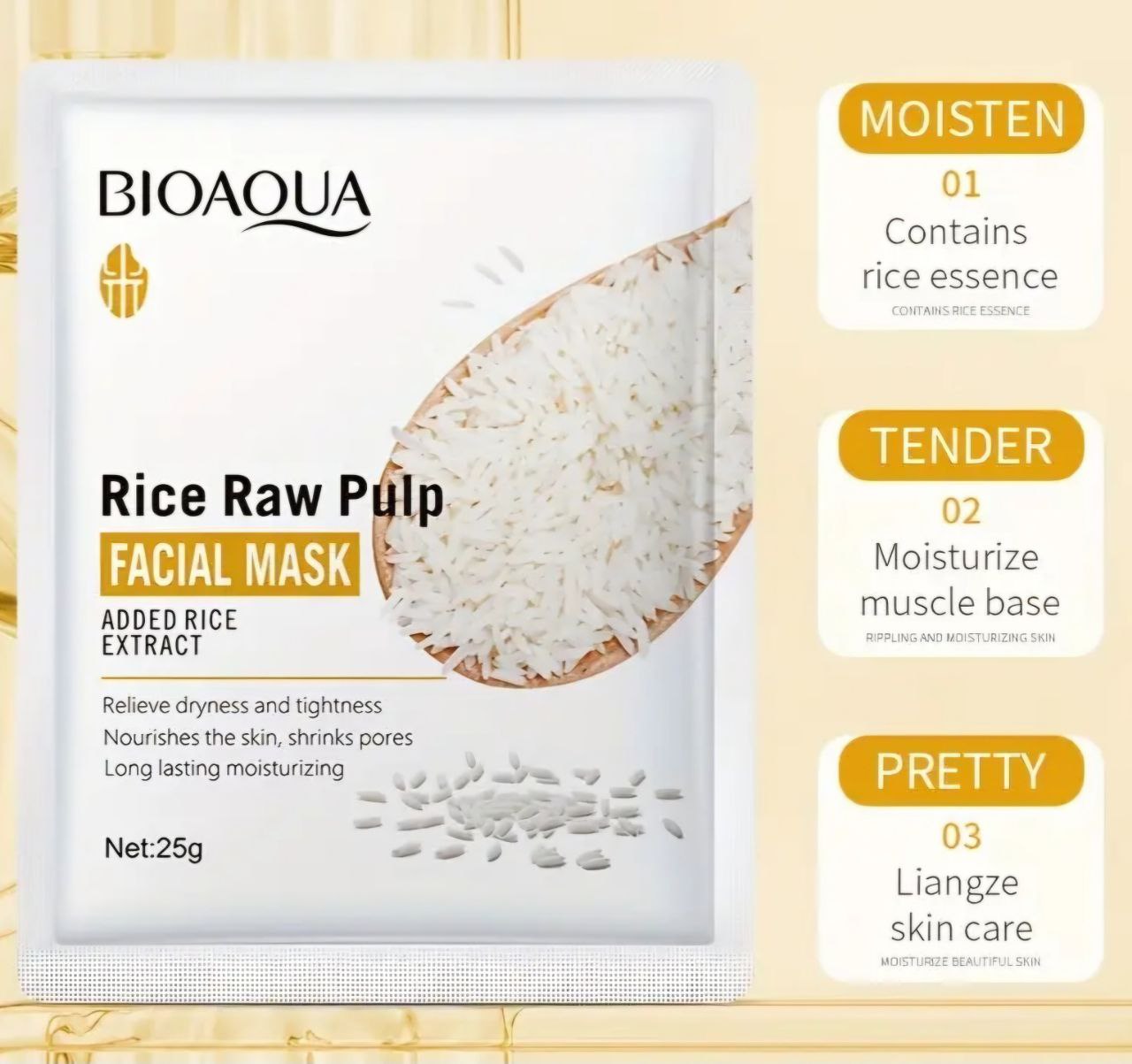 MASCARILLA FACIAL DE PULPA CRUDA DE ARROZ TACTO SEDOSO Y TRANSLUCIDO BIOAQUA 25G