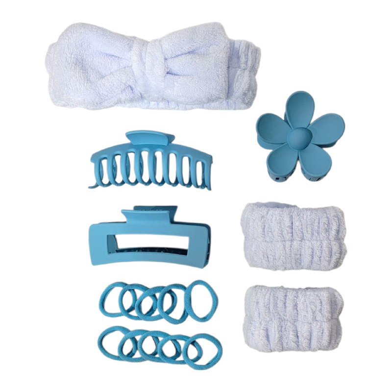 KIT DE CUIDADO FACIAL, GANCHOS, DIADEMA, COLAS Y MUÑEQUERAS, 6 COLORES