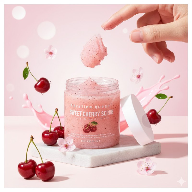 CREMA FACIAL EXFOLIANTE PARA ROSTRO Y CUERPO DE CEREZA DULCE 300G, DISEÑADO PARA SUAVIZAR LA PIEL SECA, ILUMINA Y REALZA EL BRILLO NATURAL DE LA PIEL, DEJANDOLA SEDOSA Y FRESCA KERATINE QUEEN