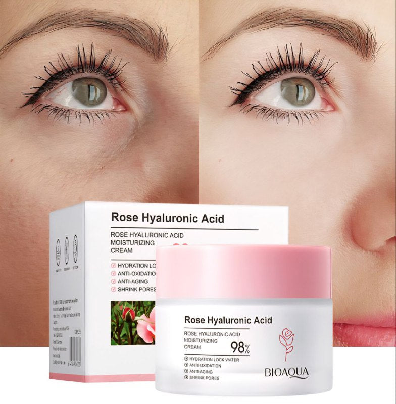 CREMA FACIAL DE ACIDO HIALURONICO DE ROSA, HIDRATANTE DE TEXTURA LIGERA Y SUVAE, HIDRATA, REPONE EL AGUA Y BLANQUEA SUAVEMENTE LA PIEL BIOAQUA 50G