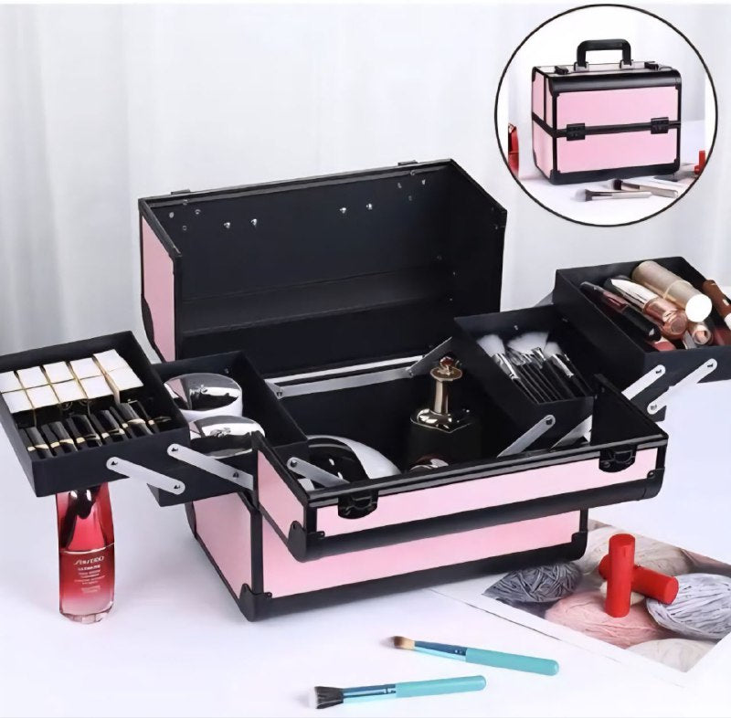 ESTUCHE ORGANIZADOR PROFESIONAL DE MAQUILLAJE, COSMETIQUERA PORTATIL DE 4 BANDEJAS PLEGABLES, 4 COLORES 32X21X26CM