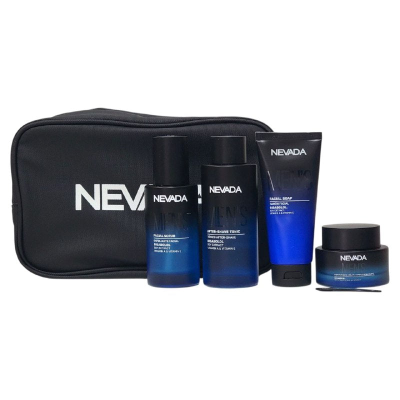 SET TRATAMIENTO FACIAL PARA HOMBRES, JABON FACIAL LIMPIADOR 100ML, EXFOLIANTE FACIAL RENOVANTE 100ML, TONICO DESPUES DE AFEITAR HIDRATANTE 150ML, CREMA FACIAL HIDRATANTE 50G NEVADA MENS CARE