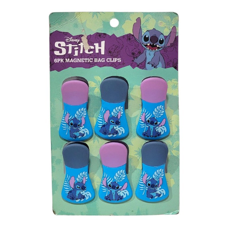 JUEGO DE CLIPS PARA ALIMENTOS, CLIPS MAGNETICOS PARA BOLSAS CON TEMATICA DE DISNEY STITCH PAQ DE 6 UND