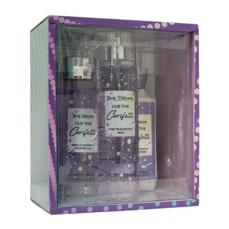 SET BODY PHILOSOPHY CUE THE CONFETTI SPLASH 250ML, CREMA CORPORAL 236MLX2 (M) DUPE BATH AND BODY CUE THE CONFETTI