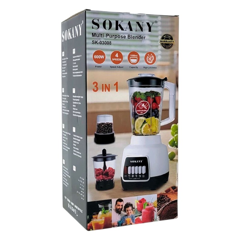 MAQUINA LICUADORA MULTIUSOS DE 4 VELOCIDADES, 600W FUERZA, CAPACIDAD 1500ML, ALTA JUGOSIDAD SK-03008 SOKANY