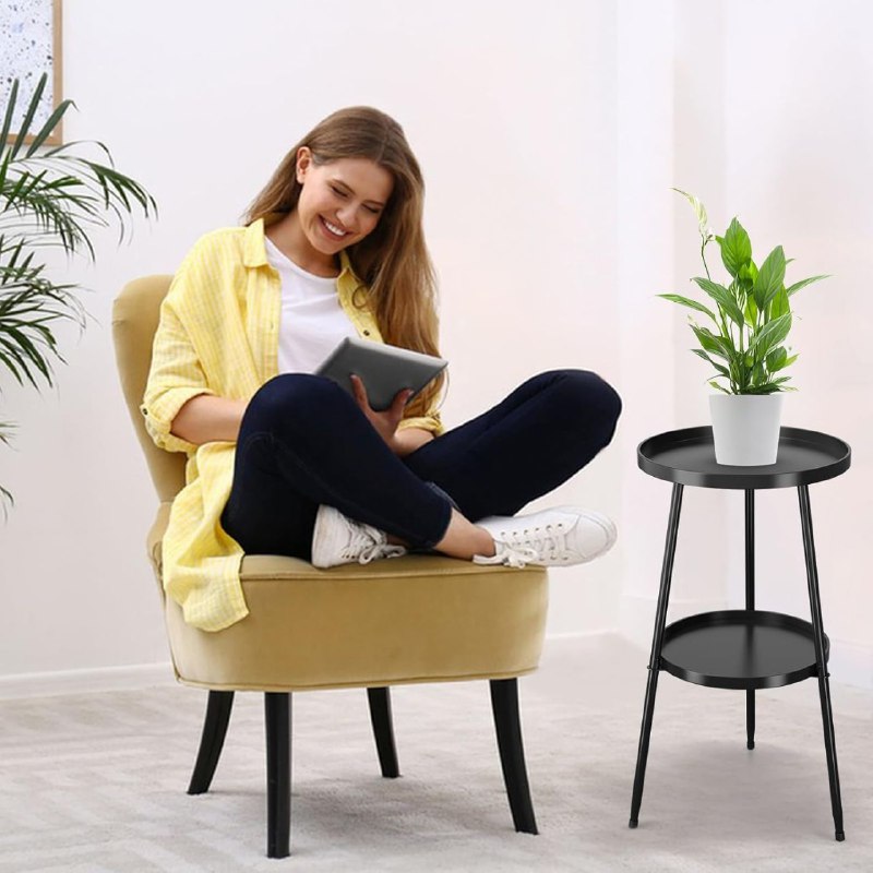 MESA AUXILIAR REDONDA DE METAL PEQUEÑAS DE 2 NIVELES, MESITA DE NOCHE, SALA, JARDIN ESPACIOS PEQUEÑOS 2 COLORES DISPONIBLES 62X32CM