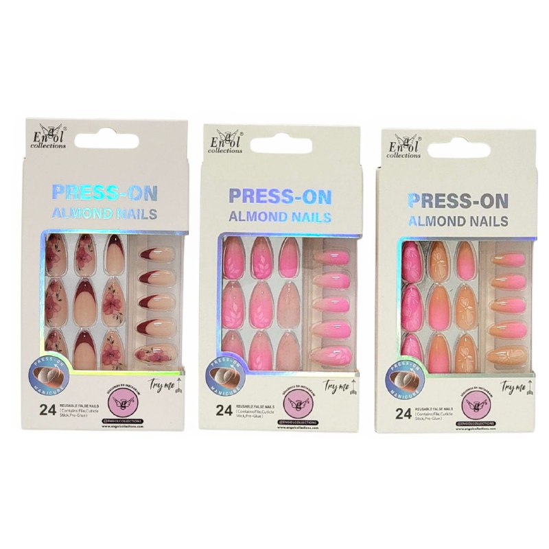 UÑAS PRESS ON, POSTIZAS REUTILIZABLES EN SET DE 24 UÑAS, LIMA, PAILLO PARA CUTICULA Y PEGAMENTO ENGOL COLLECTIONS