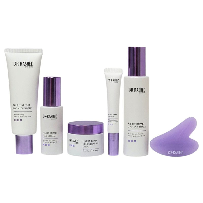 SET DE CUIDADO FACIAL DE 6 PIEZAS DE REPARACION NOCTURNA REJUVENECEDORA DR RASHEL, LIMPIADOR FACIAL 120G, TONICO 100ML, SUERO 50ML, CREMA NOCHE 50G, CREMA DE OJOS 20G Y MASAJEADOR FACIAL