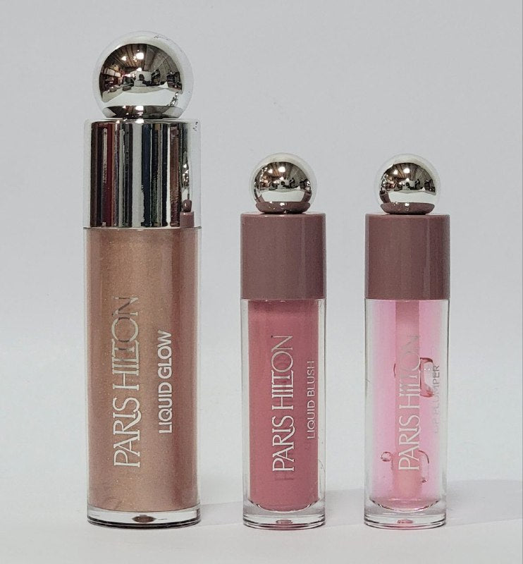 ILUMINADOR EN SET TRIO ORIGINAL PARIS HILTON, ILUMINADOR LIQUIDO 18ML, RUBOR 5ML, VOLUMIZADOR DE LABIOS 5ML