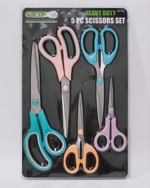 TIJERAS EN SET DE 5 PIEZAS TODO TIPO DE APLICACIONES EN EL HOGAR, OFICINA O TALLER, HOJAS DE ACERO INOXIDABLE RESISTENTE, AGARRE COMODO GRIP HEAVY DUTY