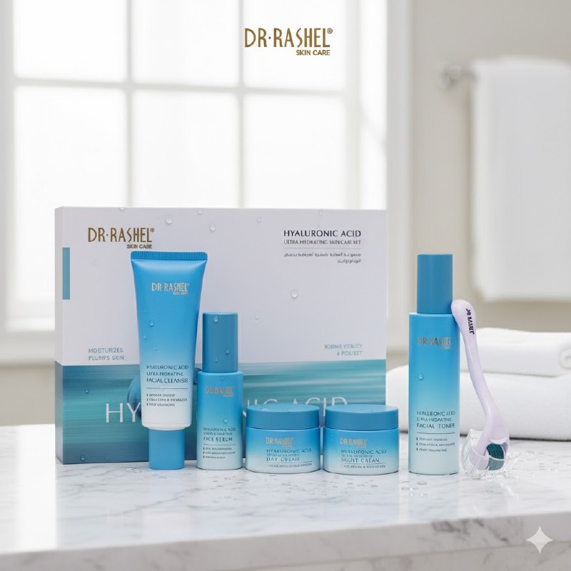 SET DE CUIDADO FACIAL DE 6 PIEZAS ULTRA HIDRATANTE CON ACIDO HIALURONICO DR RASHEL, LIMPIADOR FACIAL 120G, TONICO 100ML, SUERO 50ML, CREMA DIA 50G, CREMA NOCHE 50G Y DERMAROLLER