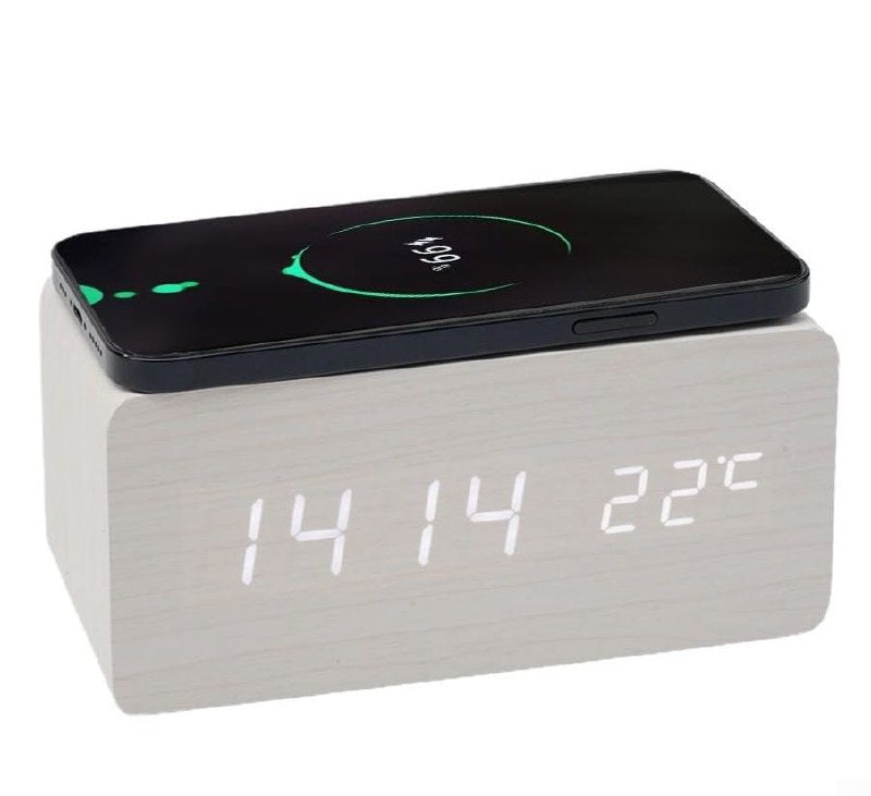 RELOJ DESPERTADOR DIGITAL TIPO MADERA CON FUNCION DE CARA INALAMBRICA Y TEMPERATURA USB, 4 ESTILOS