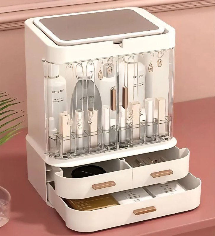 ORGANIZADOR ESTANTE DE COSMETICOS MAQUILLAJE CON ESPEJO AJUSTABLE 360 GRADOS CON LUZ LED, CABLE USB