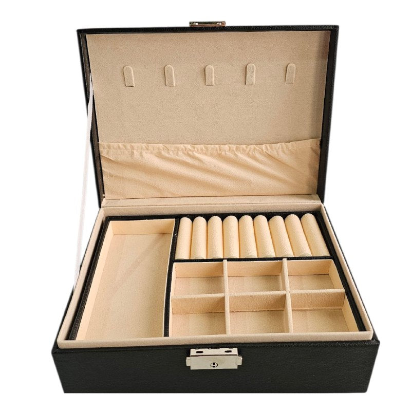 ORGANIZADOR JOYERO DE CUERO SINTETICO CON MULTIPLES COMPARTIMIENTOS Y CIERRE CON LLAVE 20X18X10CM