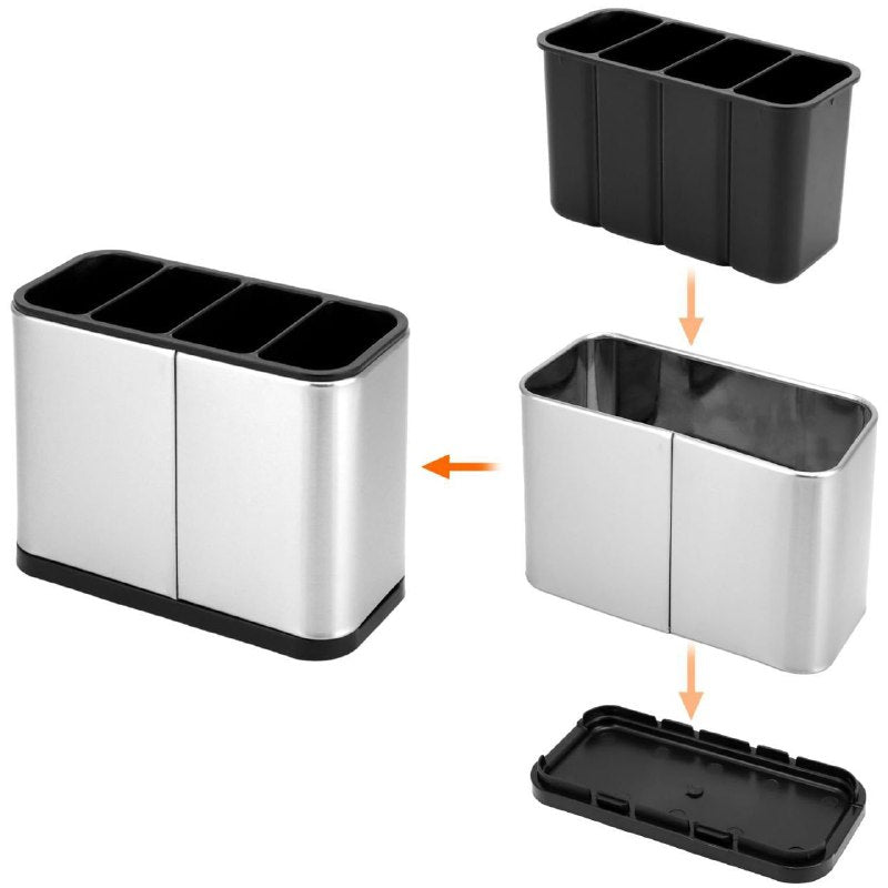 ESTANTE ORGANIZADOR DE ALMACENAMIENTO PARA CUCHARAS, TENEDORES Y CUCHILLOS CON BOQUILLA DE ESCURRIDO DE ACERO INOXIDABLE