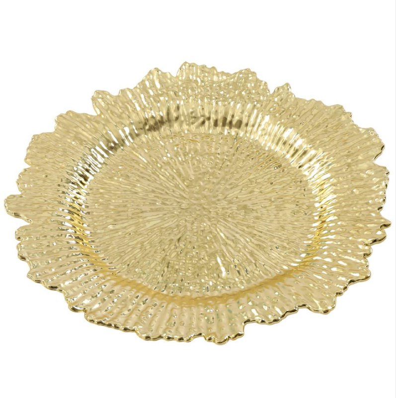 PLATO DE CARGA DECORATIVO NAVIDEÑO BRILLANTE DE PLASTICO DORADO CON FORMA DE FLOR LIFE ART 32X32CM