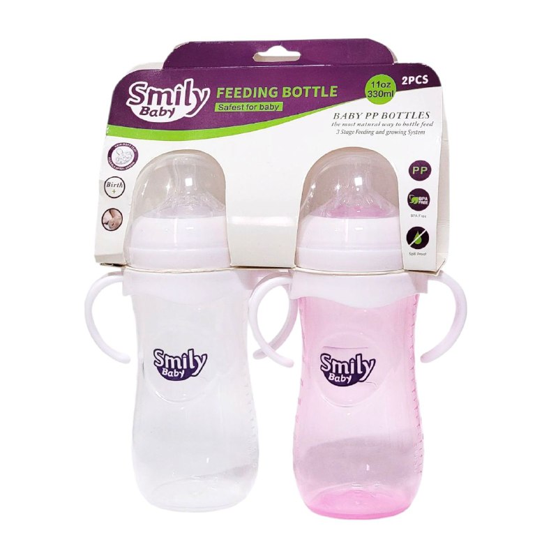 BIBERON CHUPON PARA BEBES EN SET DE 2 PIEZAS CON ASAS, PEPE PARA DARLES LECHE, AGUA, ETC , DISEÑO PARA QUE PUEDAN SOSTENERLO FACILMENTE Y DESARROLLA SUS CAPACIDADES MOTORAS 330ML SMILY BABY