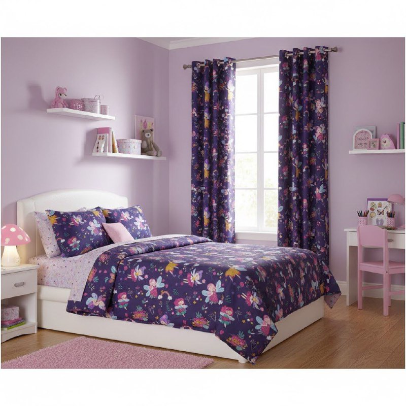 JUEGO DE SABANAS MATRIMONIAL EN SET CON CORTINAS PARA NIÑAS DE 6 PIEZAS HADAS BENELI HOME