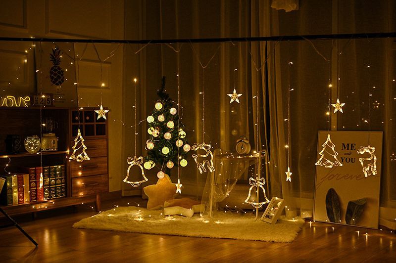 LUCES DECORATIVAS NAVIDEÑAS CORTINA DE LUCES LED FORMA DE ESTRELLA, RENO, ARBOL Y CAMPANA DECORACION PARA EL HOGAR  9 MODOS DE CAMBIO DE LUZ, 20X9.5X20CM LED CHRISTMAS LIGHTS