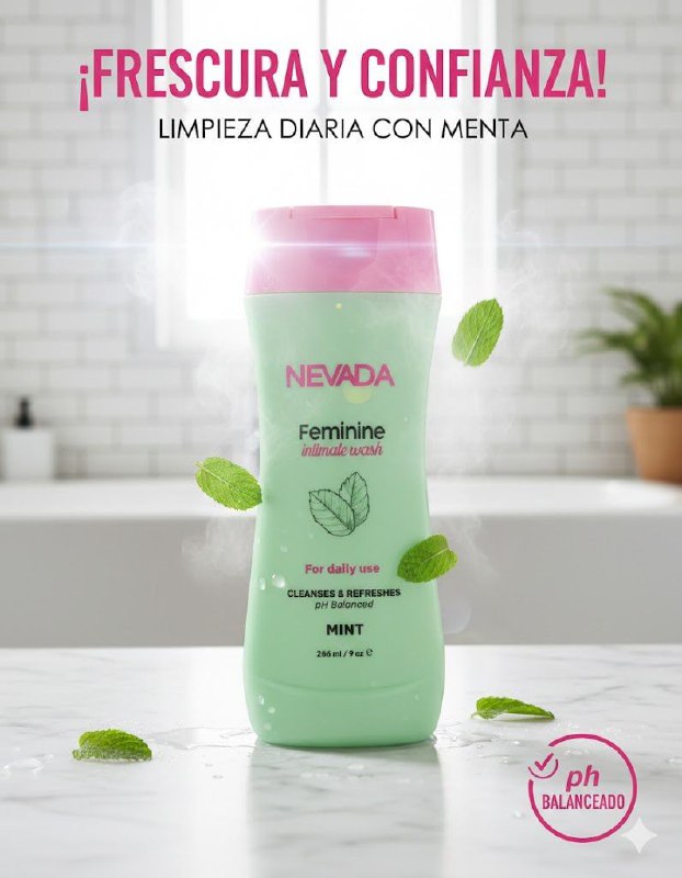 JABON INTIMO DE MENTA, LIMPIA Y REFRESCA, PREVIENE OLORES, PROTEGE IRRITACIONES, DA LIMPIEZA SUAVE Y REFRESCANTE NEVADA FEMININE 266ML