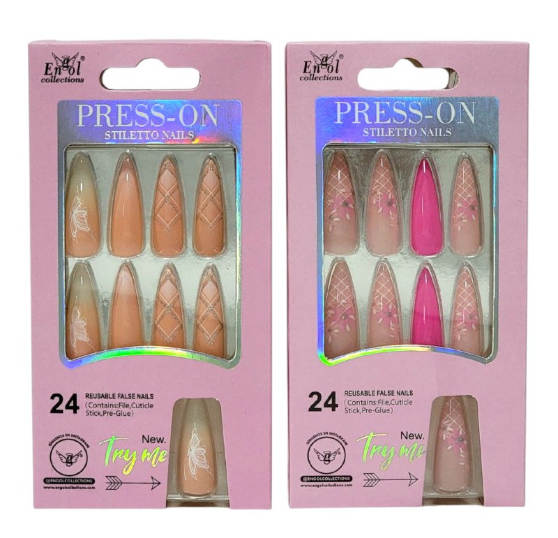 UÑAS PRESS ON, POSTIZAS REUTILIZABLES EN SET DE 24 UÑAS, LIMA, PAILLO PARA CUTICULA Y PEGAMENTO ENGOL COLLECTIONS