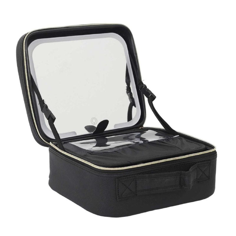 ESTUCHE ORGANIZADOR DE MAQUILLAJE CON ESPEJO LED 3 MODOS DE ILUMINACION, RESISTENTE AL POLVO Y AGUA, CORREA AJUSTABLE, 3 COLORES ACCESOIRES BEAUTE
