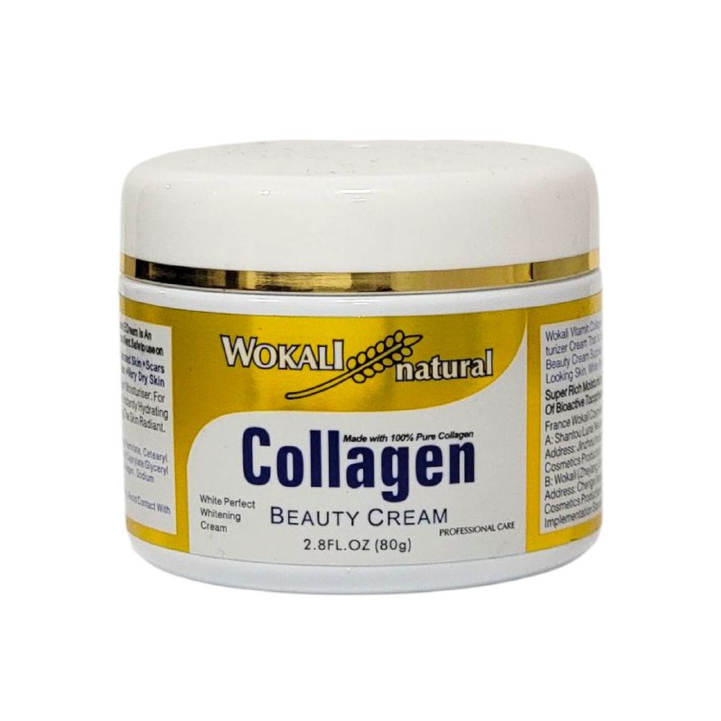 CREMA FACIAL BLANQUEADORA DE COLAGENO Y VITAMINA E, HIDRATANTE INTENSIVO, HUMECTA, ELIMINA ESTRIAS, REJUVENECEDORA WOKALI NATURAL 80G