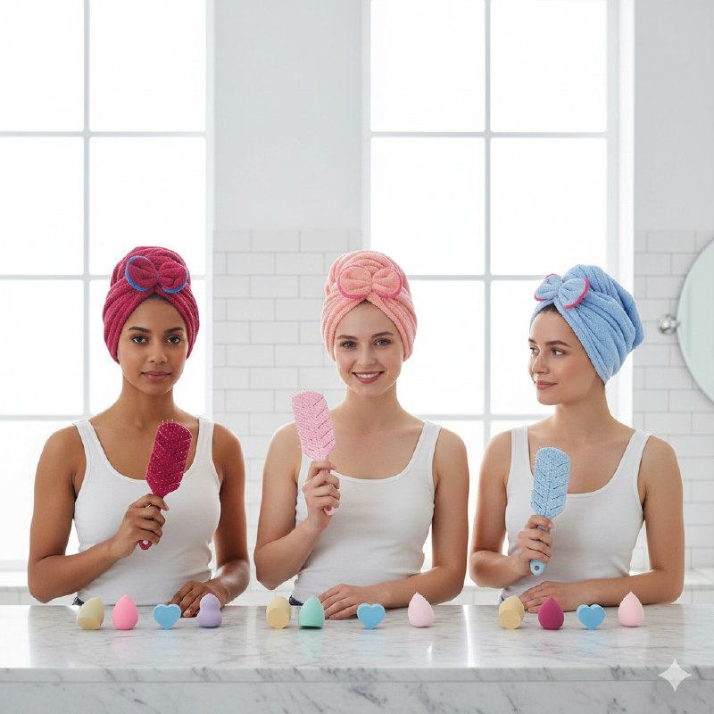 KIT DE CUIDADO FACIAL, GORRO, CEPILLO PELO Y ESPONJAS DE MAQUILLAJE KISS LOVELY, 5 COLORES