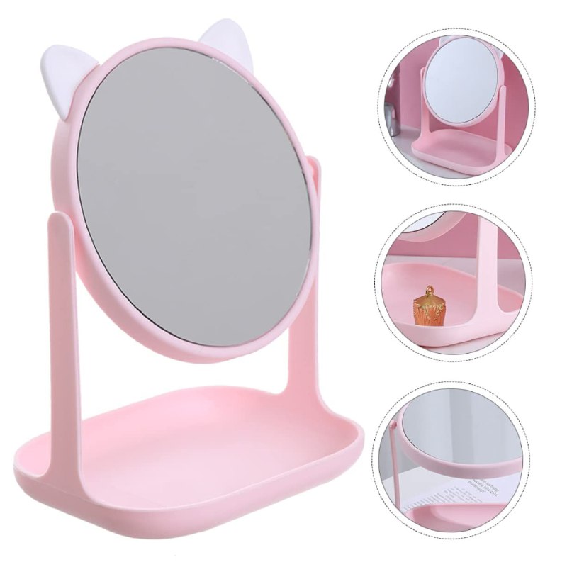 ORGANIZADOR DE MAQUILLAJE CON ESPEJO EN FORMA DE GATO, ESPEJO GIRATORIO 2 COLORES COSMETIC MIRROR