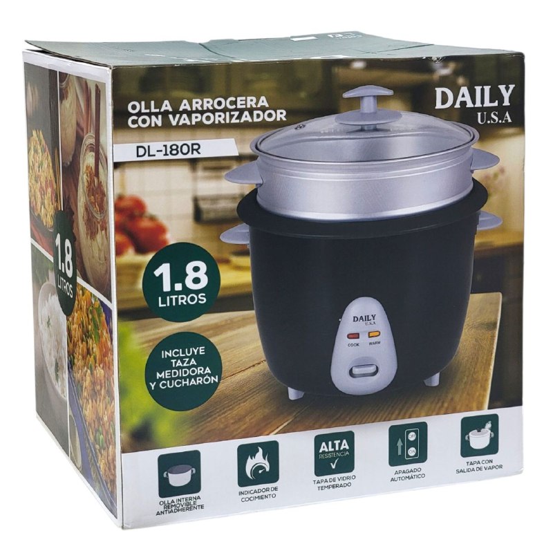 OLLA DE COCINA ARROCERA DE 1.8L DE CAPACIDAD Y SISTEMA DE VAPORIZADOR INTEGRADO, ANTIADHERENTE, INDICADOR, APAGADO AUTOMATICO DAILY U.S.A DL-180R