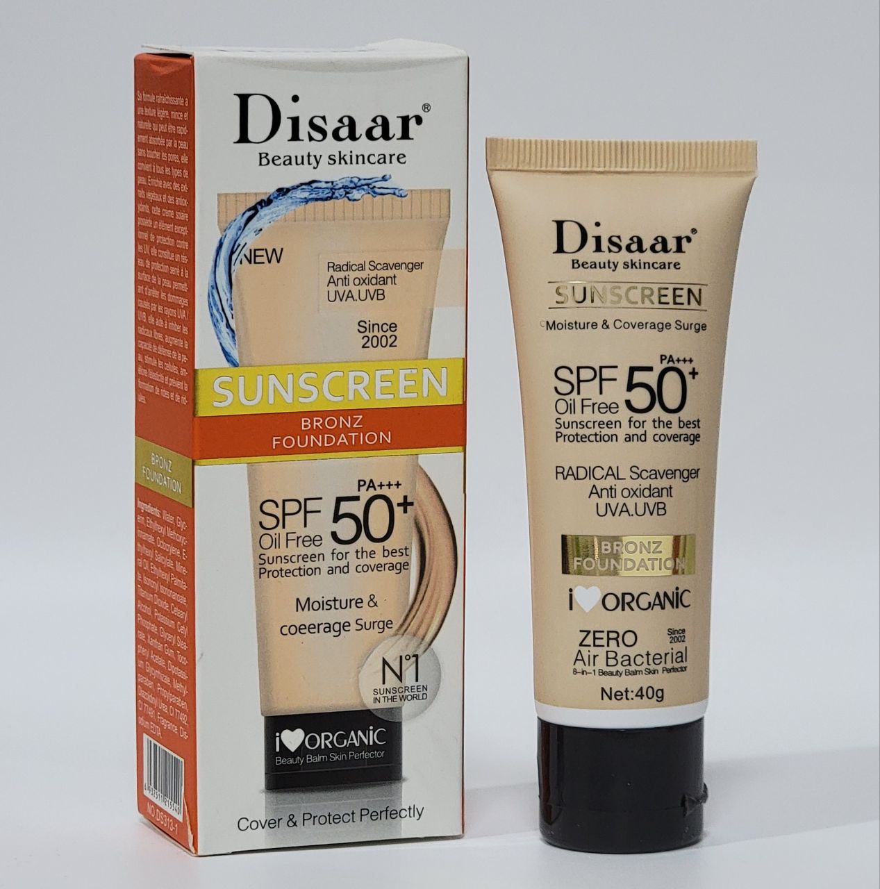 PROTECTOR SOLAR EN CREMA CON COLOR SPF 50PA, AUMENTO DE LA HUMEDAD, REFRESCANTE, FINA, SIN OBSTRUIR LOS POROS DISAAR BEAUTY SKINCARE 40G