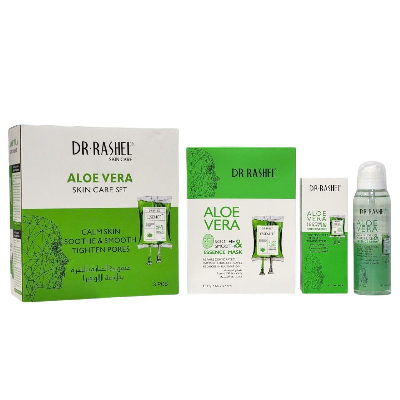SET DE CUIDADO FACIAL DE 3 PIEZAS DE ALOE VERA, CALMA LA PIEL Y SUAVIZA, CIERRA LOS POROS, SPRAY DE ESENCIA HIDRATANTE 160ML, SUERO 100ML, MASCARILLA 88OZX5 DR RASHEL SKIN CARE