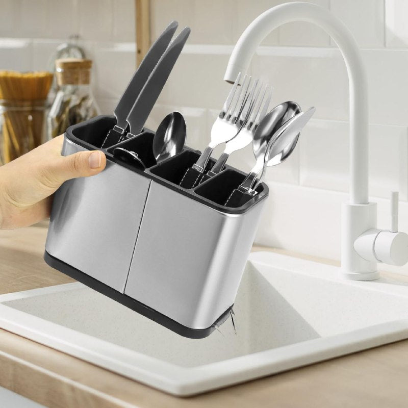 ESTANTE ORGANIZADOR DE ALMACENAMIENTO PARA CUCHARAS, TENEDORES Y CUCHILLOS CON BOQUILLA DE ESCURRIDO DE ACERO INOXIDABLE