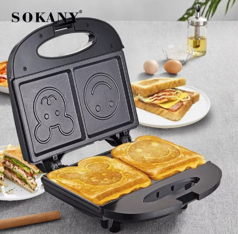MAQUINA WAFFLERA SANDWICHERA DISEÑO CARITAS SK-128, 750W SOKANY