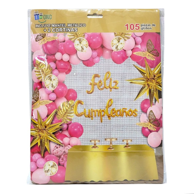 DECORACION PARA CUMPLEAÑOS EN SET COMPLETO, MANTEL METALICO, 2 CORTINAS, 105 GLOBOS