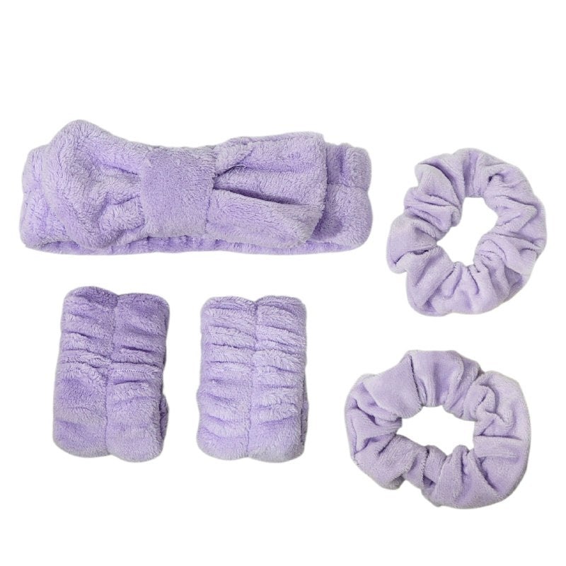 KIT DE CUIDADO FACIL, VINCHA ELASTICA CON MOÑO, PAR DE COLAS DE PELO Y MUÑEQUERAS DE MICROFIBRA, 6 COLORES