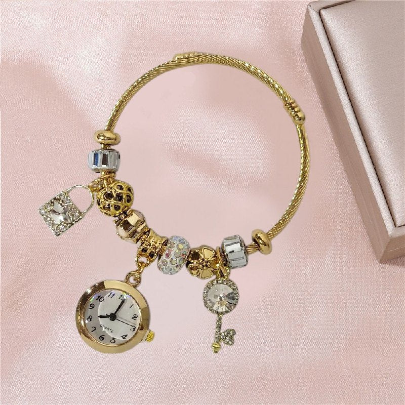 RELOJ ECONOMICO ESTILO PANDORA PARA DAMA DE ACERO CON BAÑO DE ENCHAPE