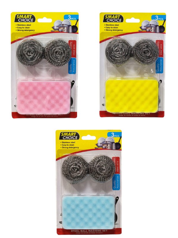 ESPONJA EN SET DE LAVADO DE BOLAS DE ACERO INOXIDABLE LAVA PLATOS SMART CHOICE, 3 COLORES