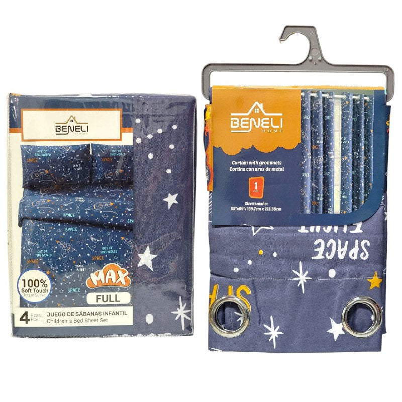 JUEGO DE SABANAS MATRIMONIAL EN SET CON CORTINAS PARA NIÑOS DE 6 PIEZAS ESPACIAL BENELI HOME