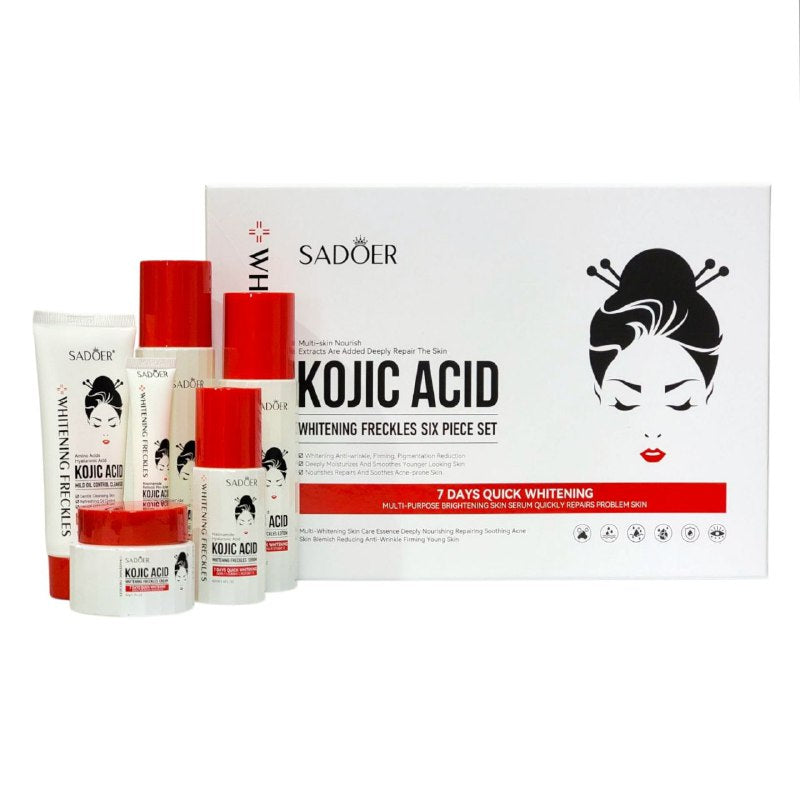 SET DE CUIDADO FACIAL DE ACIDO KOJICO DE 6 PIEZAS, EFECTO BLANQUEADOR, REPARADOR Y REDUCTORA DEL ACNE SADOER KOJIC ACID WHITENING FRECKLES