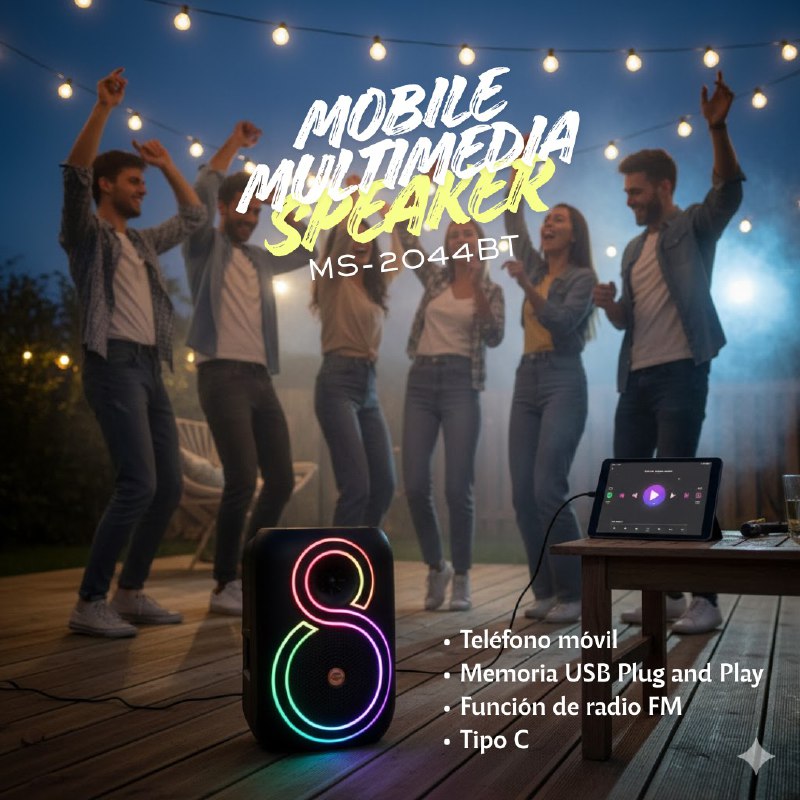 PARLANTE ALTAVOZ INALAMBRICO CON LUCES RGB DE PANEL COMPLETO, BATERIA DE ALTA CAPACIDAD Y 50W DE POTENCIA, SONIDO ENVOLVENTE Y MICROFONO PARA KARAOKE MS-2044BT BENELI HOME