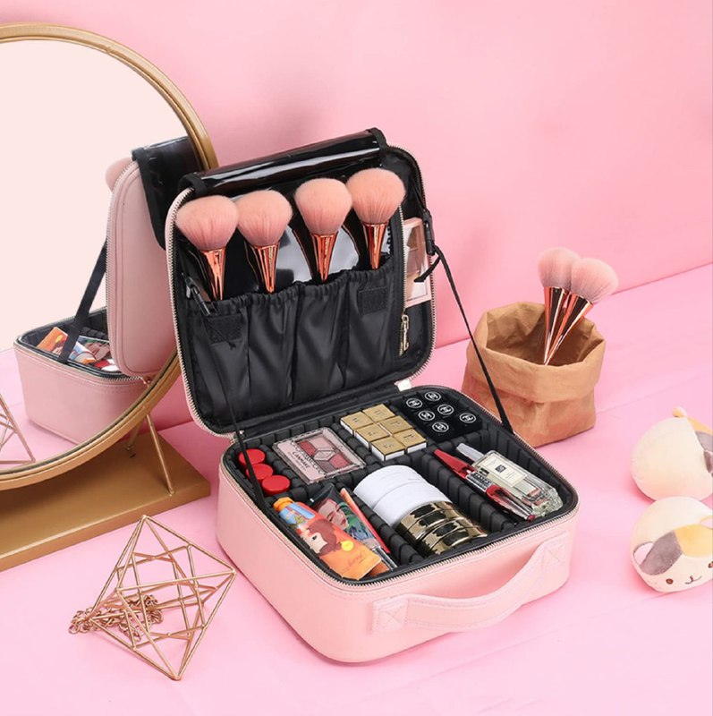 ORGANIZADOR ESTUCHE DE MAQUILLAJE PORTATIL CON SEPARADORES AJUSTABLES ROSADO 26x23x10CM