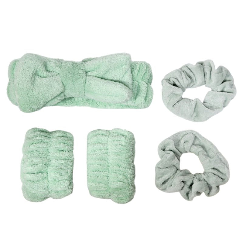 KIT DE CUIDADO FACIL, VINCHA ELASTICA CON MOÑO, PAR DE COLAS DE PELO Y MUÑEQUERAS DE MICROFIBRA, 6 COLORES